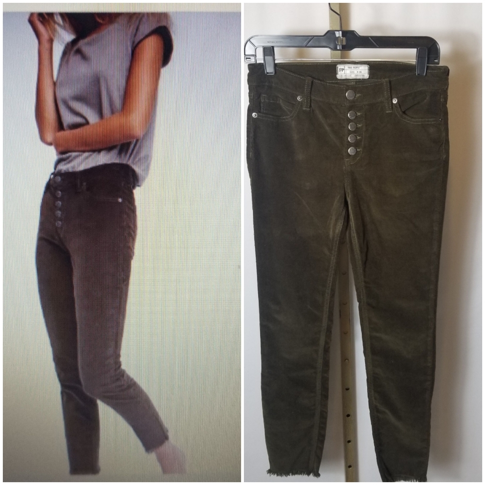 FREE PEOPLE OLIVE GREEN BUTTON FLY SKINNY LEG CORDUROYS